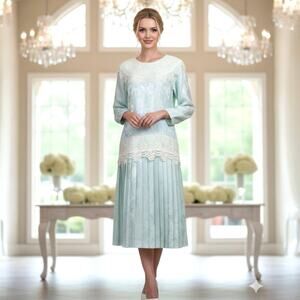 VTG 80s Pastel Mint Silk Jacquard & Lace Shift Tea Dress SZ 10 Coastal Grandma